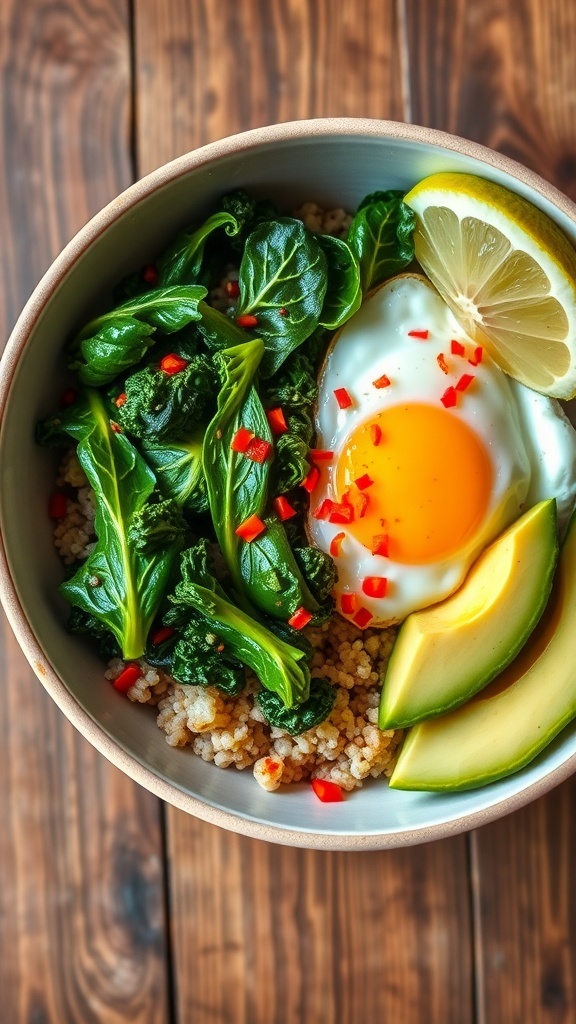 A healthy breakfast bowl with kale, egg, avocado, and quinoa on a rustic table.